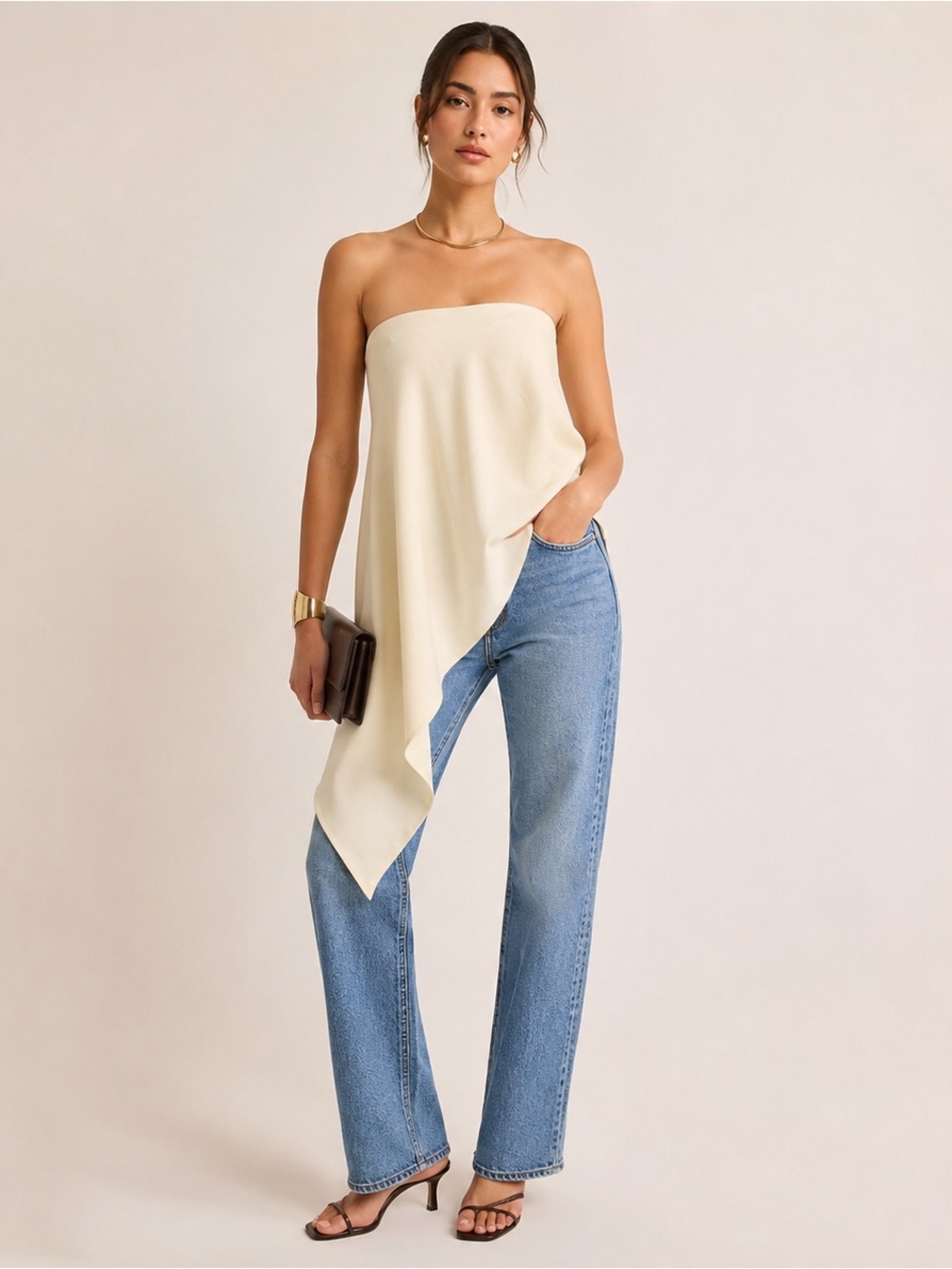 INTERMIX Cream Strapless Asymmetrical Drape Bandeau Top Size S Structured